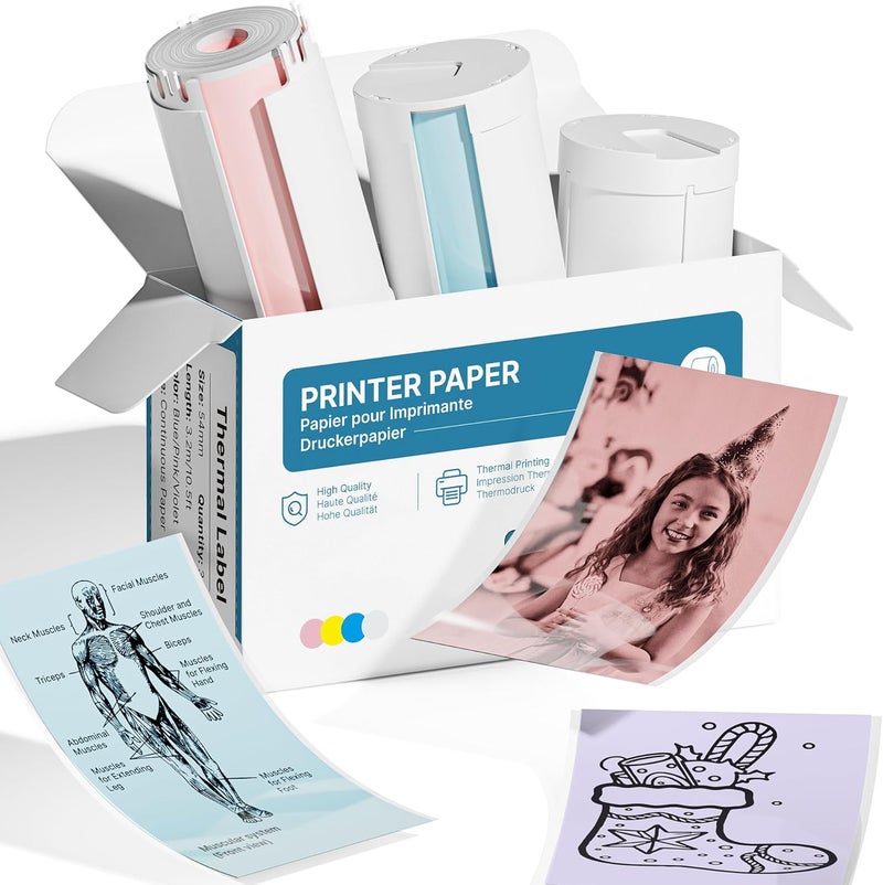 TYPONOS Genuine Self-Adhesive Thermal Printer Stickers, 54mmx3.2m Sticker Paper, Compatible with PM290 Mini Sticker Printer, Thermal Sticker Paper for Journal, Study, Photos, 3 Rolls, Blue/Pink/Purple - Image 1